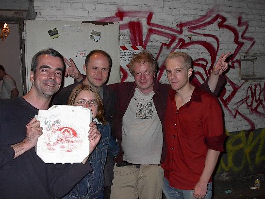 Simon (with pizzabox), Kathrin, Martin, Thomas, Tim